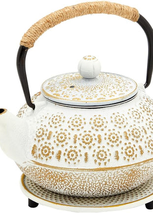 Juvale Stovetop Cast Iron Tea Kettle with Infuser - Superior Heat Retention Loose Leaf Tea Pot - Built-In Teapot with Strainer - Includes Trivet & Infuser Kettle - White, 27 Oz (800 ml)