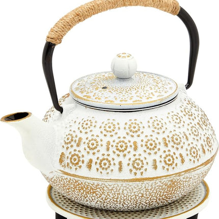 Juvale Stovetop Cast Iron Tea Kettle with Infuser - Superior Heat Retention Loose Leaf Tea Pot - Built-In Teapot with Strainer - Includes Trivet & Infuser Kettle - White, 27 Oz (800 ml)