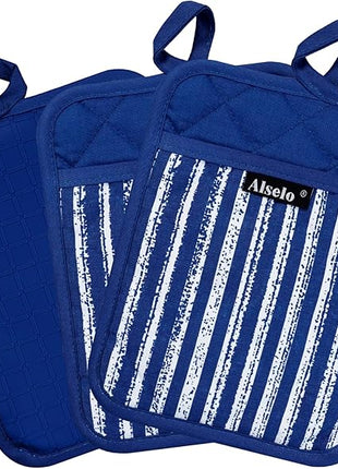 Silicone Pot Holders Set of 3 Heat Resistant & Non Slip Potholders, Professional Oven Hot Pads with Pockets Mitts for Kitchen Cooking Baking Barbecue (Cobait Blue, 3)