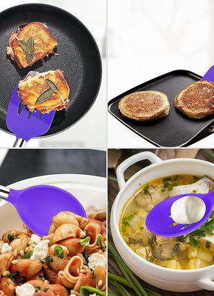 Silicone Spatula Spoon Set, 4 PCS Silicone Cooking Utensils Spatula Spoon Set with Stainless Steel Handle, BPA Free Kitchen Turners for Frying, Mixing, Serving, Draining, Turning, Stirring, Purple