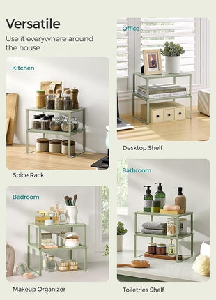 SONGMICS Spice Racks, Set of 4 Metal Cabinet Shelf Organizers, Countertop Organizers, Shelf Risers, Stackable, Expandable, Sage Green UKCS006C01