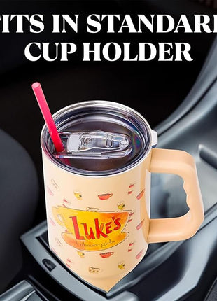 Silver Buffalo Gilmore Girls Luke's Diner Stainless Steel Tumbler with Handle and Straw, Fits in Standard Cup Holder, 40 Ounces