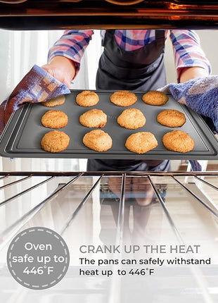 PERLLI Non-Stick 3-Piece Baking Pan Set, BPA-Free Gray Carbon Steel Bakeware Set, Stackable Kitchen Oven Set, Cookie Sheet, Baking Tray, Baking Sheet Set, Oven Safe (446°F)