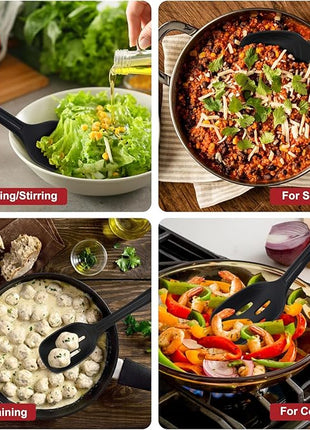 2 Pack Large Silicone Cooking Spoon with Measuring Mark, Premium Non-Stick Solid and Slotted Serving Spoons Set, Heat Resistant Kitchen Utensils for Mixing, Stirring, Scooping, Scraping