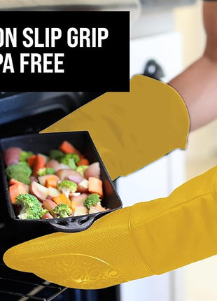 BPA-Free Soft Silicone Oven Mitts - Ultra Heat Resistant Oven Mitts with Thick Cotton Liner - Long Slip Resistant Pot Holders, Flexible Oven Gloves - Yellow 13.7"