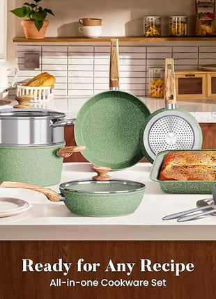 Kitchen Academy 17 Pieces Induction Cookware Set with Griddle, Green Granite Pots and Pans Set Non Stick, Healthy Nonstick Cooking Pans Set