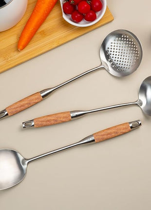 FJNATINH Wok Utensils - Wok tTools - Spatula and Ladle, Skimmer Spoon Set Metal 304 Stainless Steel Kitchen Cooking Utensils Sets, 3-Pieces Wok Tools, Wooden Handle 14-15 Inch
