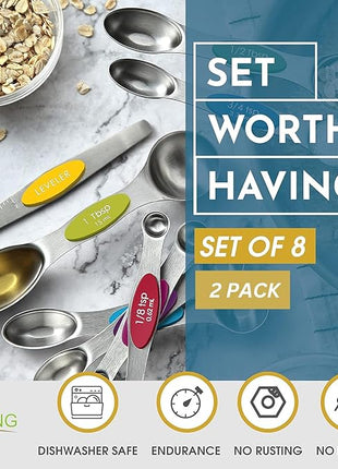 Spring Chef Multicolor Stainless Steel Magnetic Measuring Spoons Set of 8 with Leveler, Nesting Metal Teaspoon & Tablespoon Measuring Spoons, Kitchen Gadgets for Baking & Cooking - 2 Pack