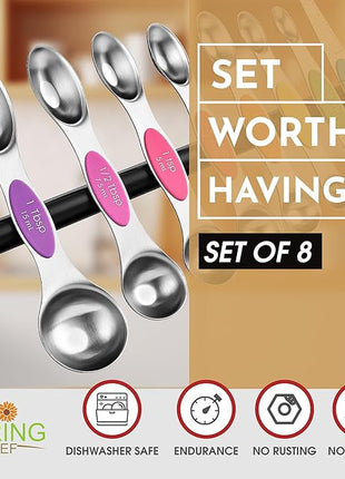 Spring Chef Stainless Steel Magnetic Measuring Spoons Set of 8 with Leveler, Nesting Metal Teaspoon & Tablespoon Measuring Spoons, Kitchen Gadgets for Baking & Cooking, Fits in Most Spice Jars - Neon