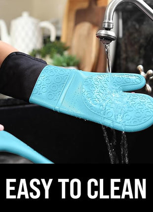 BPA-Free Soft Silicone Oven Mitts - Ultra Heat Resistant Oven Mitts with Thick Cotton Liner - Extra Long Slip Resistant Pot Holders, Flexible Oven Gloves - Aqua/Black 14.7"