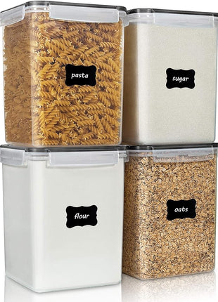 Vtopmart 4 PCS Large Food Storage Containers 5.2L / 175oz, 4 Pieces BPA Free Plastic Airtight Canisters for Flour, Sugar, Baking Supplies, Rice with Lids, 4 Measuring Cups and 24 Labels, Black