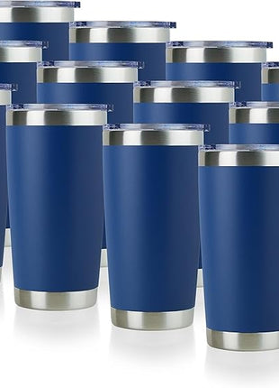 DOMICARE 20oz Stainless Steel Tumbler Bulk with Lid, Double Wall Vacuum Insulated Travel Mug, Powder Coated Coffee Cup, Dark Blue, 12 Pack