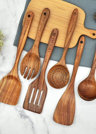 GreyWooden Kitchen Utensil Set, 6Pcs Wooden Cooking Utensils for Non-Stick Pan, 100% Natural Teak Wooden Spatula