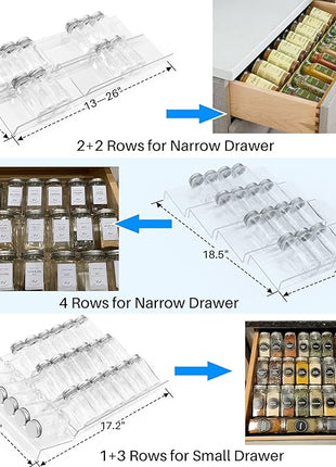 Antimbee Spice Drawer Organizer, 4 Tier- 4 Pack Acrylic Spice Rack Tray for Drawer, Expandable From 13" to 26" Kitchen Spice Rack Tray for Countertop Holds up 28 Spice Jars (Jars not Include)