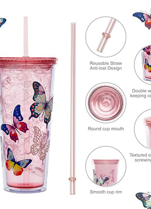 bzyoo Double Wall Tumbler with Straw and Lid Bottle Cold Drink Travel Mug Cup, 24oz (Butterfly Pink)