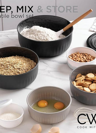 COOK WITH COLOR Prep Bowls with Lids- Wide and Deep Nesting Plastic Small Mixing Bowl Set with Lids, 12 Piece Set - Wide Bowls, Black/White