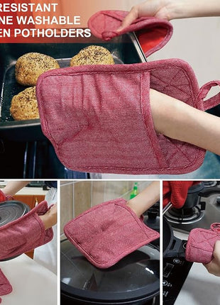 Pot Holders Yarn-Dyed Set of 3 Non Slip Silicone Kitchen Lines Heat Resistant 500℉ Kitchen Gloves BBQ Cooking Baking Cooking Barbecue Microwave Machine Washable (Red Pot Holders)