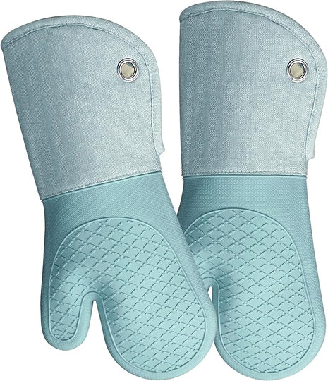 Professional Microwave Silicone Oven Mitts one Pair, Kitchen Mitten Set for Heat Resistant with 500 Degrees, Kitchen Gloves Pot Holder for BBQ Cooking Baking (Light Blue)