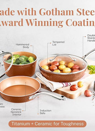 GOTHAM STEEL Hammered Copper 12 Inch Non Stick Frying Pans with Lid, Frying Pans Nonstick with Lid, Non Toxic Ceramic Pan for Cooking, Nonstick Frying Pan, Induction Pan, Oven and Dishwasher Safe