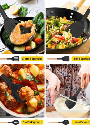 Pack of 4 Silicone Cooking Utensils Set, Non Stick Solid Spatulas and Heat Resistant Slotted Spoons with Wooden Handle, Ideal Wood Kitchen Utensils Set for Frying,Serving,Turning,Stirring (BLACK)
