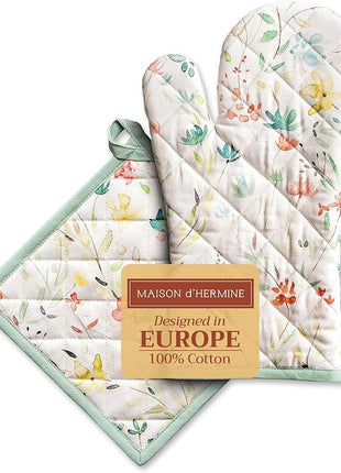Maison d' Hermine 100% Cotton Oven Mitt & Pot Holder Set (7.5"x13" & 8"x8") Heat Resistant BBQ Cooking Gloves with Loop, Baking, Grilling, Kitchen, Handling Hot Pans Spring/Summer (Colmar)