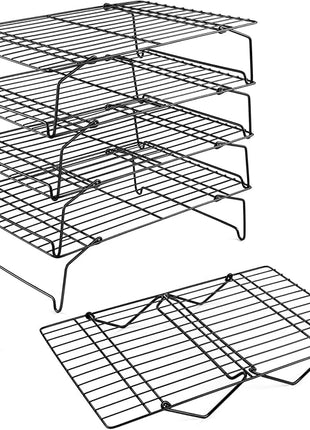 P&P CHEF Cooling Rack, 5-Tier Stainless Steel Stackable Baking Cooking Racks for Cooling Roasting Grilling, Collapsible & Heavy Duty, Oven Safe & Easy Clean, 15" x 10", Black