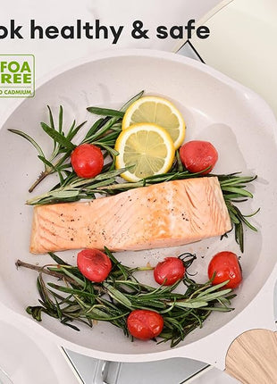 JEETEE 10 Inch Nonstick Frying Pan, Stone Coating Cookware, Nonstick Omelette Pan with Heat-Resistant Handle, Compatible with All Stoves (Beige)