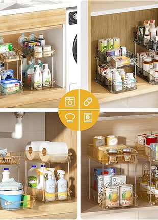 Delamu 2-Tier Under Sink Organizers and Storage, Multi-Purpose Stackable Bathroom Cabinet Organizers, Pull Out Kitchen Pantry Organization and Storage with Dividers Amber, 4 Pack