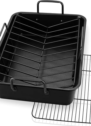 P&P CHEF 16" Roaster Roasting Pan with Baking Rack and V-shaped Rack, Stainless Steel Rectangular Lasagna Pan with Handles for Turkey Chicken, Healthy & Dishwasher Safe, 3 Pieces, Black