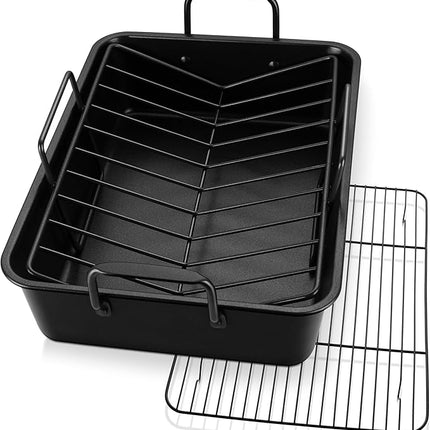 P&P CHEF 16" Roaster Roasting Pan with Baking Rack and V-shaped Rack, Stainless Steel Rectangular Lasagna Pan with Handles for Turkey Chicken, Healthy & Dishwasher Safe, 3 Pieces, Black