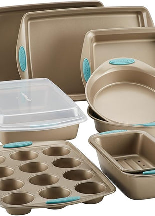 Rachael Ray 47578 Cucina Nonstick Bakeware Set with Grips Includes Nonstick Bread Pan, Baking Sheet, Cookie Sheet, Baking Pans, Cake Pan and Muffin Pan - 10 Piece, Latte Brown with Agave Blue Grips