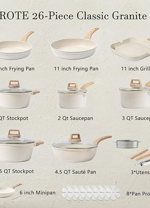 CAROTE Pots and Pans Set Nonstick, Cookware Set Induction Kitchen Cooking Set 26cs w/Frying Pans & Saucepans& Grill Pan