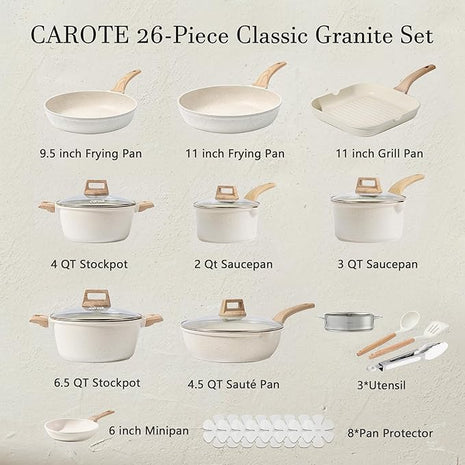 CAROTE Pots and Pans Set Nonstick, Cookware Set Induction Kitchen Cooking Set 26cs w/Frying Pans & Saucepans& Grill Pan