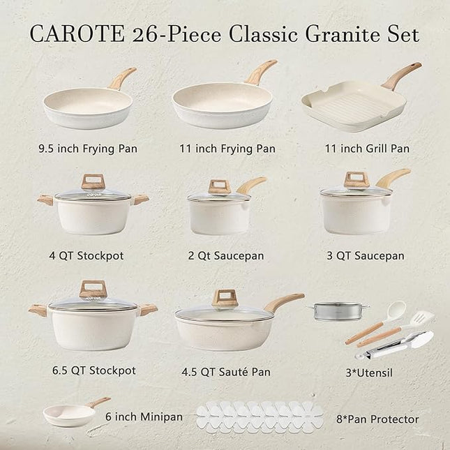 CAROTE Pots and Pans Set Nonstick, Cookware Set Induction Kitchen Cooking Set 26cs w/Frying Pans & Saucepans& Grill Pan
