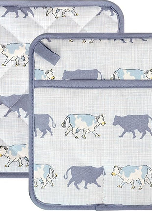 Pot Holders Set of 2 Heat Resistant 480℉ Kitchen 100% Cotton Comfortable Lining Printing Fox Flower Women Men Home Cooking Baking Microwave BBQ Gift (Cow potholder)