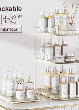 Delamu 2-Tier Multi-Purpose Bathroom Under Sink Organizers and Storage, Stackable Kitchen Pantry Organization, Pull Out Medicine Cabinet Organizer with Movable Dividers, Beige, 4 Pack