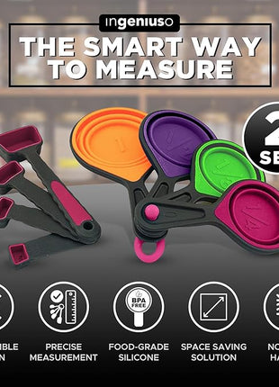 Collapsible Measuring Cups and Nesting Spoons - Adjustable Silicone for Cooking, used for Liquid and Dry Kitchen Items - Portable Portion Control, Dog Food, Kids, Travel, Camper, Space-Saving - 2 Sets