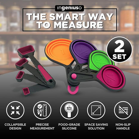 Collapsible Measuring Cups and Nesting Spoons - Adjustable Silicone for Cooking, used for Liquid and Dry Kitchen Items - Portable Portion Control, Dog Food, Kids, Travel, Camper, Space-Saving - 2 Sets