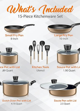 SereneLife Kitchenware Pots & Pans Basic Kitchen Cookware, Black Non-Stick Coating Inside, Heat Resistant Lacquer (15-Piece Set), One Size, Gold
