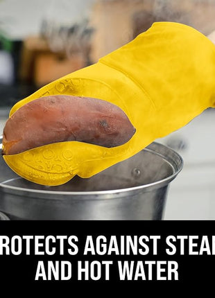 BPA-Free Soft Silicone Oven Mitts - Ultra Heat Resistant Oven Mitts with Thick Cotton Liner - Long Slip Resistant Pot Holders, Flexible Oven Gloves - Yellow 13.7"