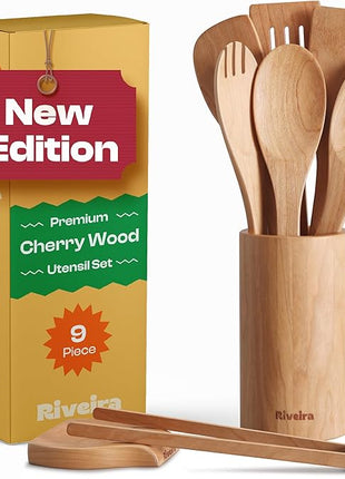 Riveira Cherry Wooden Spoons for Cooking Set of 9 – Natural Cherry Wooden Cooking Utensils, Wooden Spatula, Wooden Spoon - Premium Quality Wooden Utensil Set for Non-Toxic Cooking