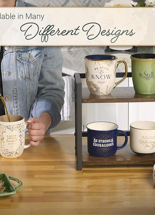 Christian Art Gifts Inspirational Ceramic Coffee & Tea Scripture Mug for Men & Women: Strong & Courageous Bible Verse, Microwave & Dishwasher Safe Non-toxic Beverage Cup, Dark Navy Blue/White, 13 oz.