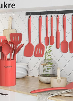 Coukre Silicone Kitchen Cooking Utensils Set with Holder – Heat-Resistant, Food-Grade Kitchen Tools, Spatula, Spoon & Gadgets for Non-Stick Pans, Dishwasher Safe (14, PureRed)
