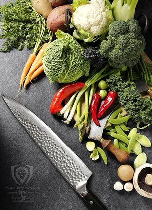 Dalstrong Chef Knife - 10.25 inch Blade - Shogun Series ELITE - Damascus - Japanese AUS-10V Super Steel - G10 Black Handle - Razor Sharp Kitchen Knife - Hammered Finish - Chef's Knife - Sheath