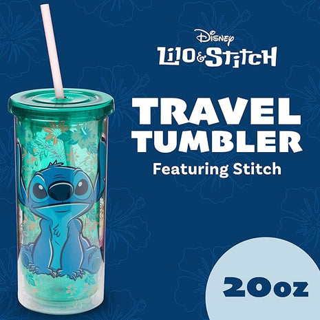 Silver Buffalo Disney Lilo and Stitch Tropical Pattern Plastic Tall Cold Cup with Lid and Straw, 20 Ounces