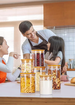 Vtopmart Glass Food Storage Jars, 7 Pack Kitchen Containers with Airtight Bamboo Wooden Lids for Pasta, Cookies, Nuts, Coffee Beans, Cereal, Canisters Set for Flour, Pantry Organization, BPA Free