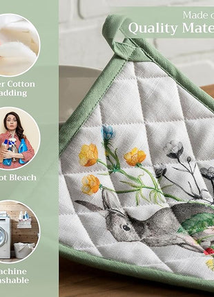 Maison d' Hermine Pot Holders 100% Cotton Heat Resistant Potholders 8" x 8" Hot Pads with Loop BBQ, Cooking, Baking, Grilling, Kitchen, Handling Hot Pans Spring/Summer (Pack of 1, Printemps)