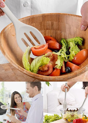 Silicone Cooking Spoons, Heat Resistant Large Silicone Pasta Slotted Spoon Solid Basting Spoon set for Nonstick Cookware, BPA Free Black Kitchen Silicone Spoons set for Mixing, Serving, Draining White