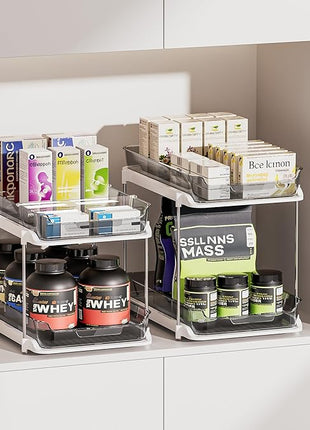 Delamu 2-Tier Multi-Purpose Bathroom Under Sink Organizers and Storage, Stackable Kitchen Pantry Organization, Pull Out Medicine Cabinet Organizer with Movable Dividers, Grey, 4 Pack