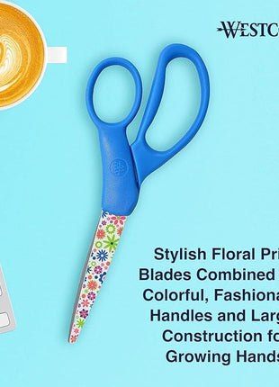 Westcott Fun and Fashionable Student Scissors for Ages 12+, Stainless Steel Floral-Printed Blades, Back-to-School, School Supplies, Classroom Supplies, 7-Inch